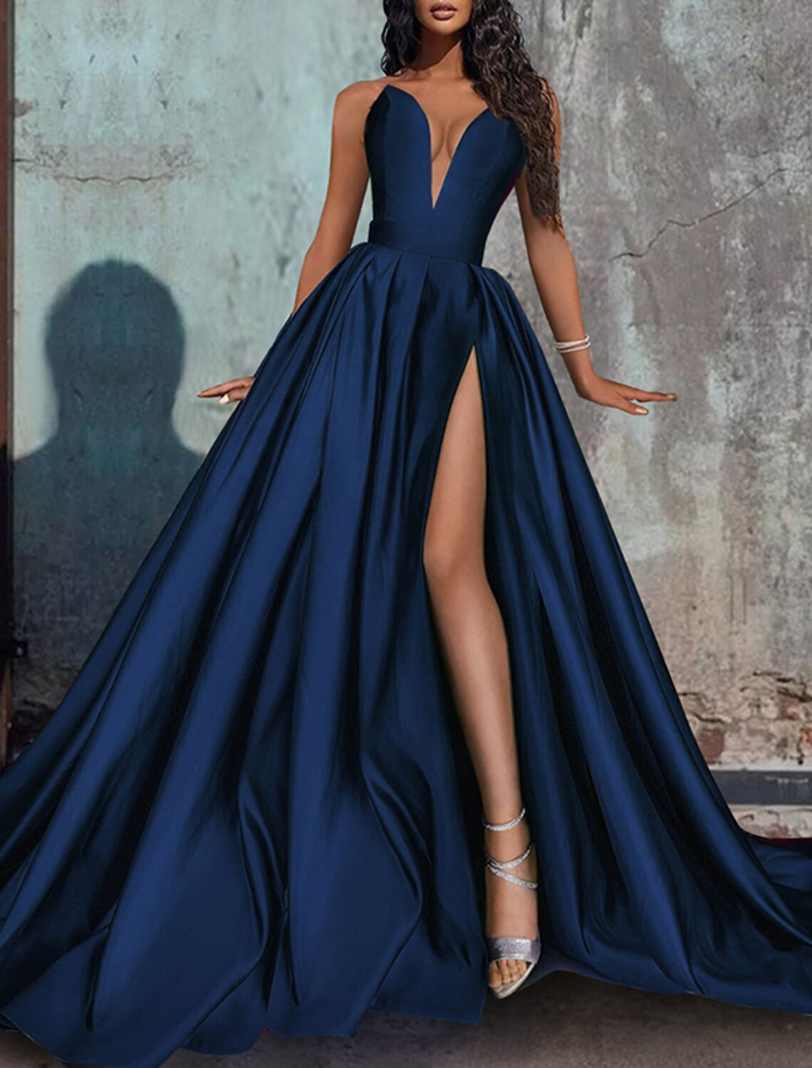 Abito da sera a trapezio, abito natalizio rosso verde, formale, da sposa, da festa, senza maniche, senza spalline, in raso con spacco a pieghe